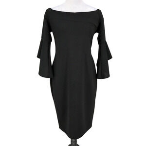 Bebe Dress Womens 10 Black Boat Neck Fitted Bodycon Bell Sleeves Party Wedding